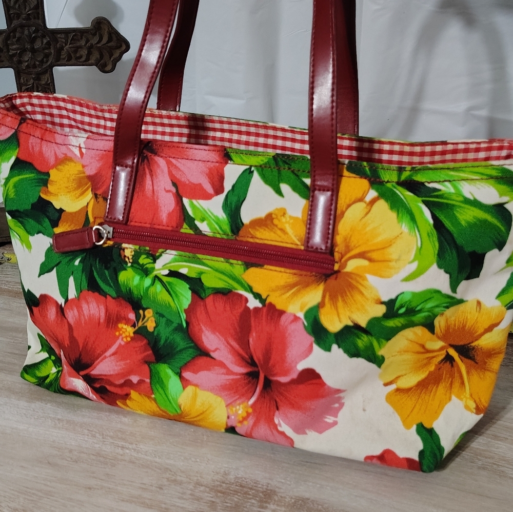 Vintage Hibiscus - Floral Picnic Basket Checkered Tote Purse - Tropical